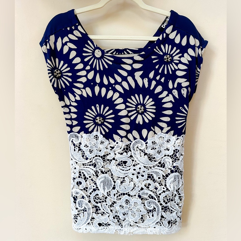 Desigual navy blue and cream short sleeve top, lace detail on lower portion. SzS